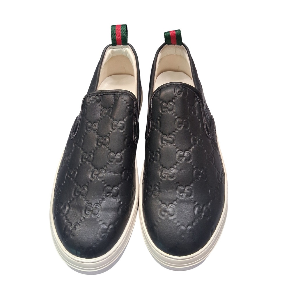 Gucci Signature GG Monogram Black Leather Slip On Sneakers 385758 Womens 11 G